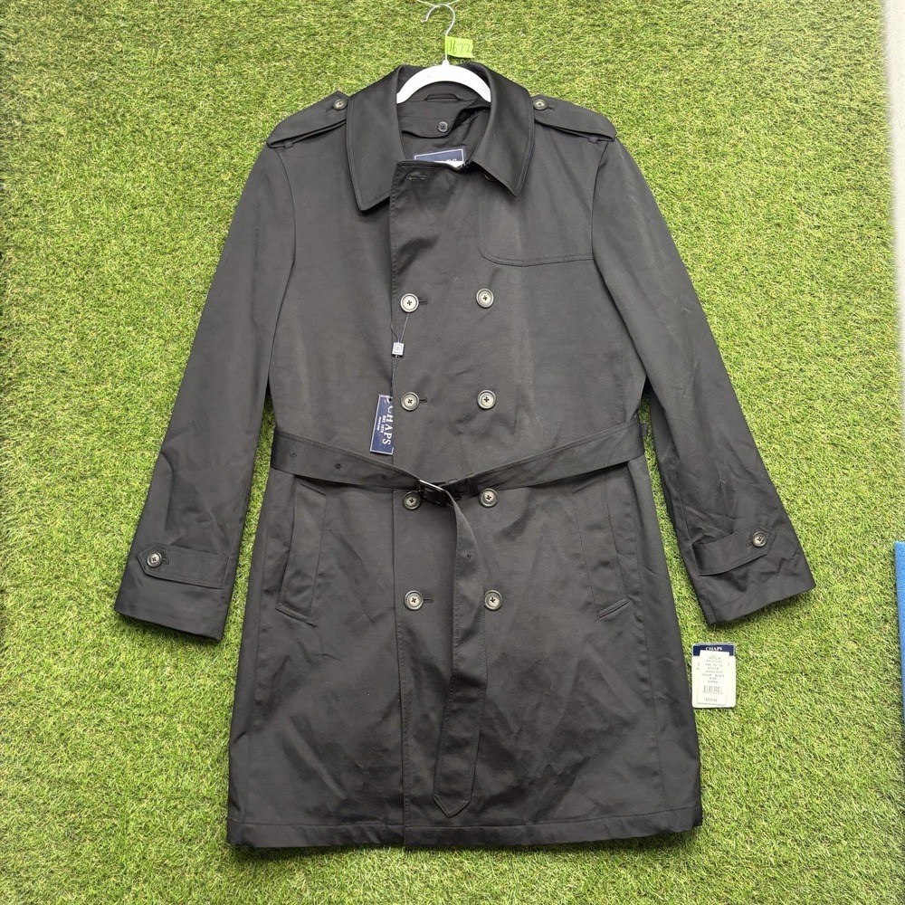 CHAPS Belted Trench Coat Mens 42R Long Dress Preppy Casual Button Black NWT